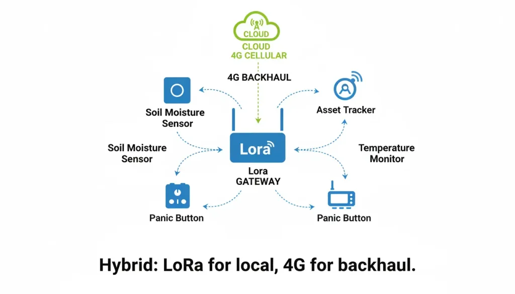 LoRa devices wirelessly connected to a central LoRa gateway The gateway is