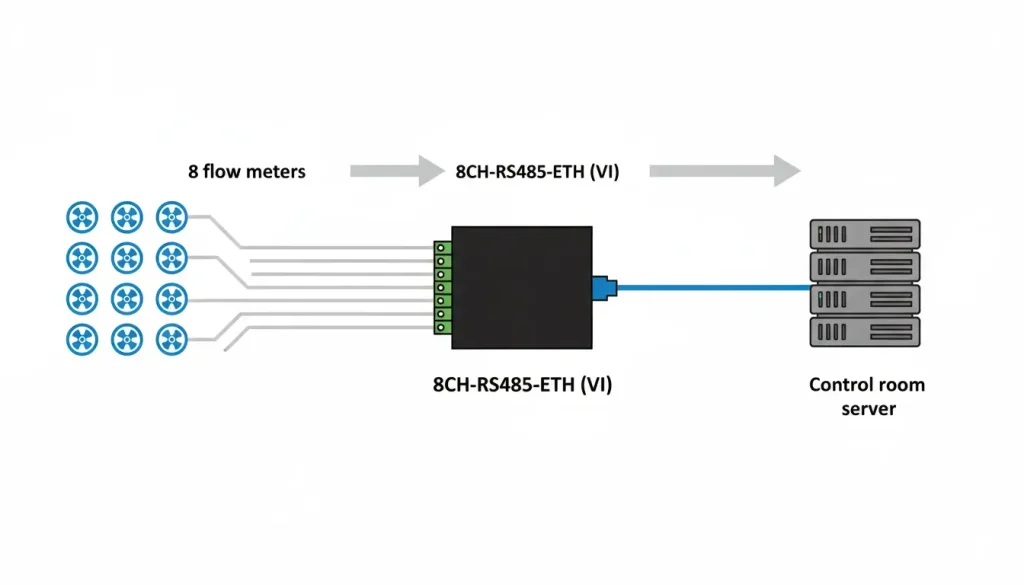 eight small flow meter icons on the left each with wires leading to a single 8