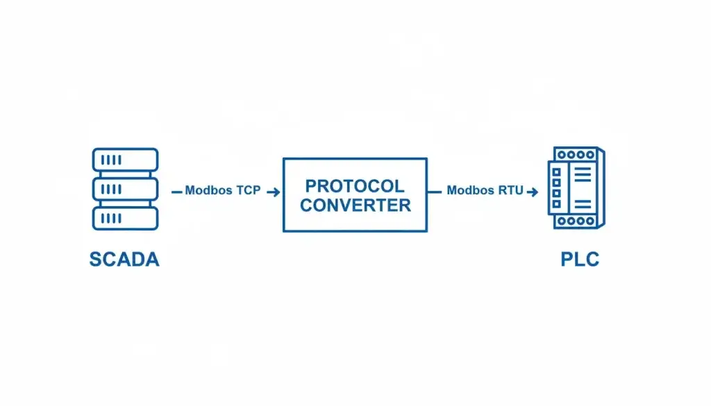 A server icon labeled SCADA sends Modbus TCP to a converter