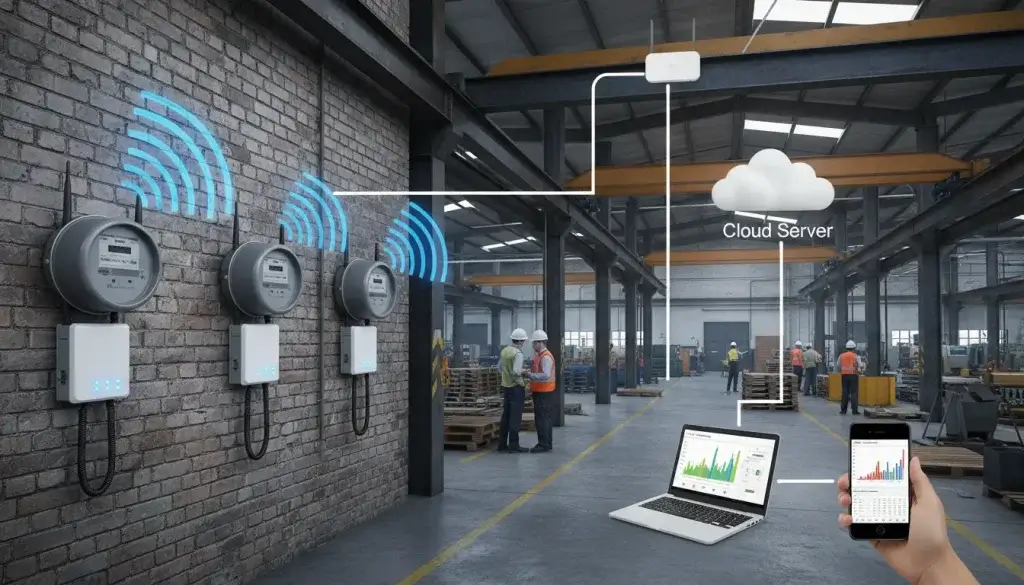 Factory floor with three power meters on walls