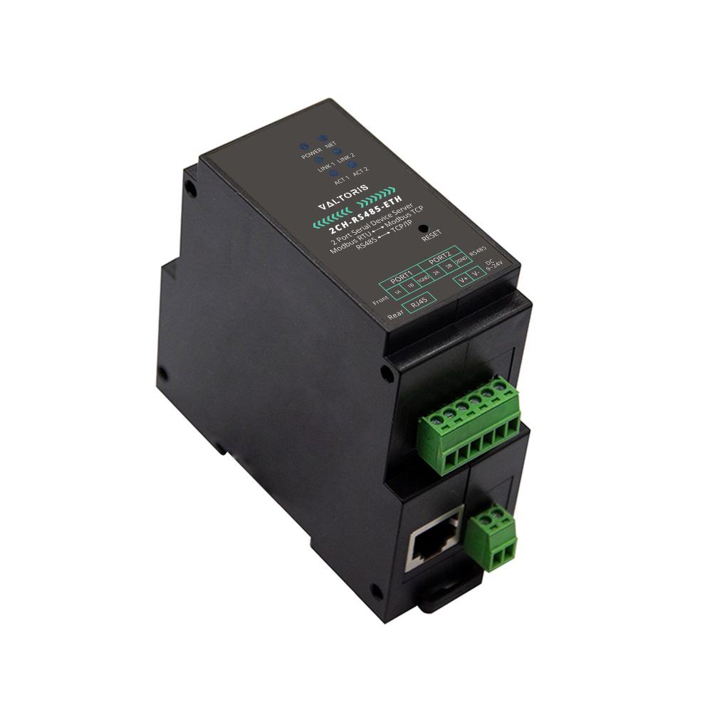 Valtoris 2-Channel RS485 to Ethernet Serial Server | Dual Ethernet Ports, Independent Communication & Rail-Mount