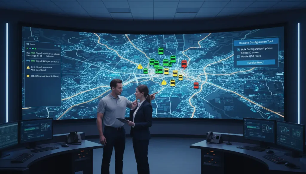A central command center dashboard view A large screen displays a city map with multiple bus icons