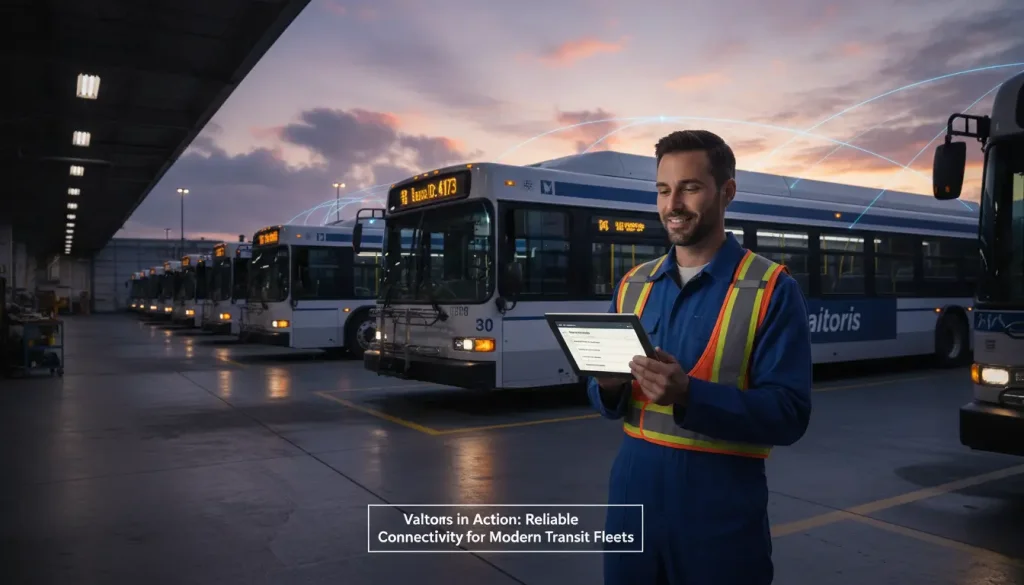 A final realistic image set in a bus depot or maintenance garage at dusk A transit fleet technicia