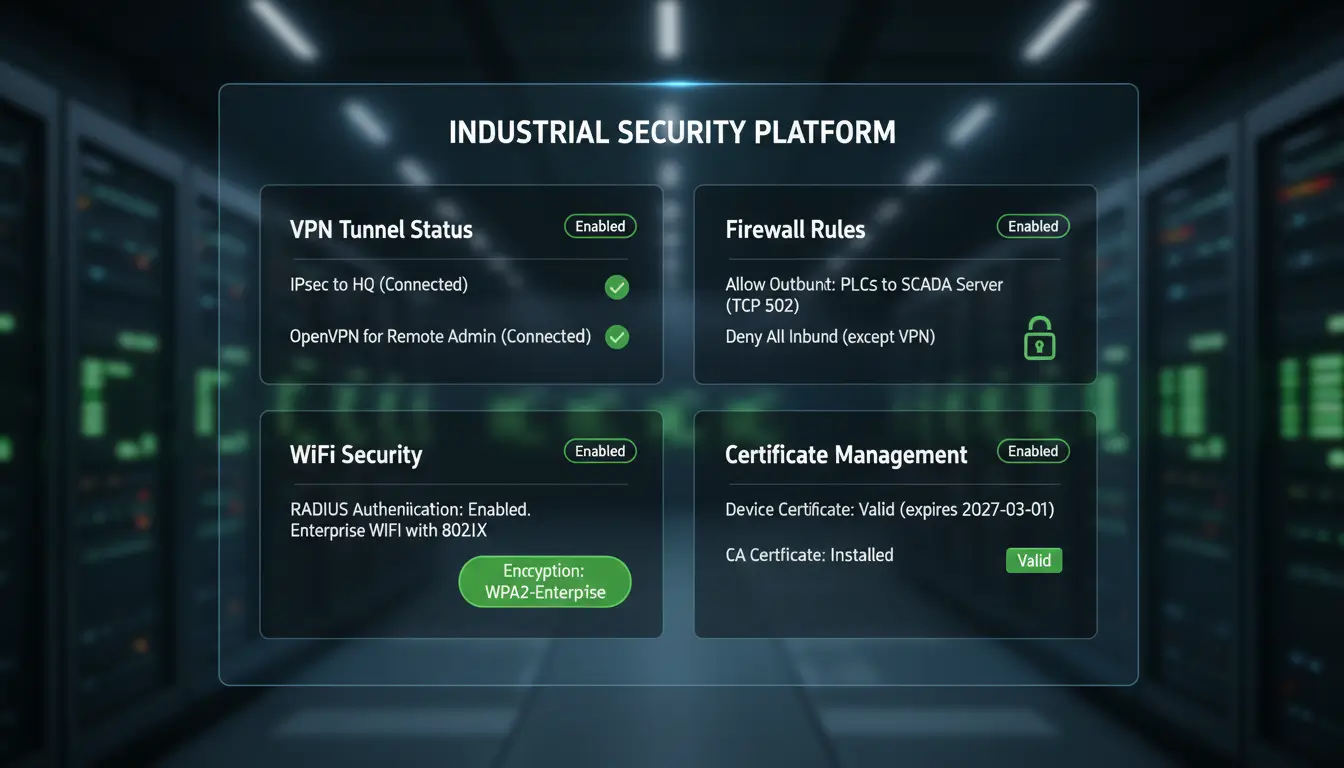 A security dashboard mockup displaying four security features each with green Enabled indicators