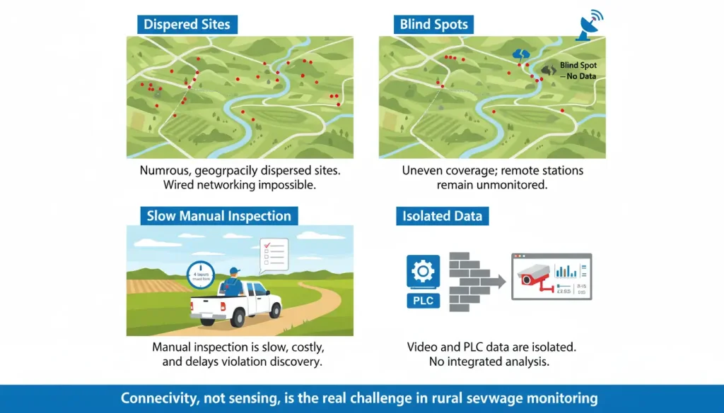 A four panel infographic illustrating the key problems Panel 1 Dispersed Sites A map showing man