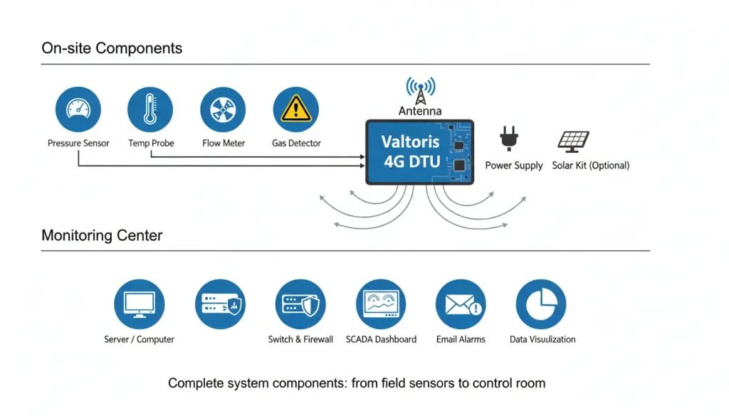 A labeled hardware diagram showing all components Top Row On site Components Icons with labels
