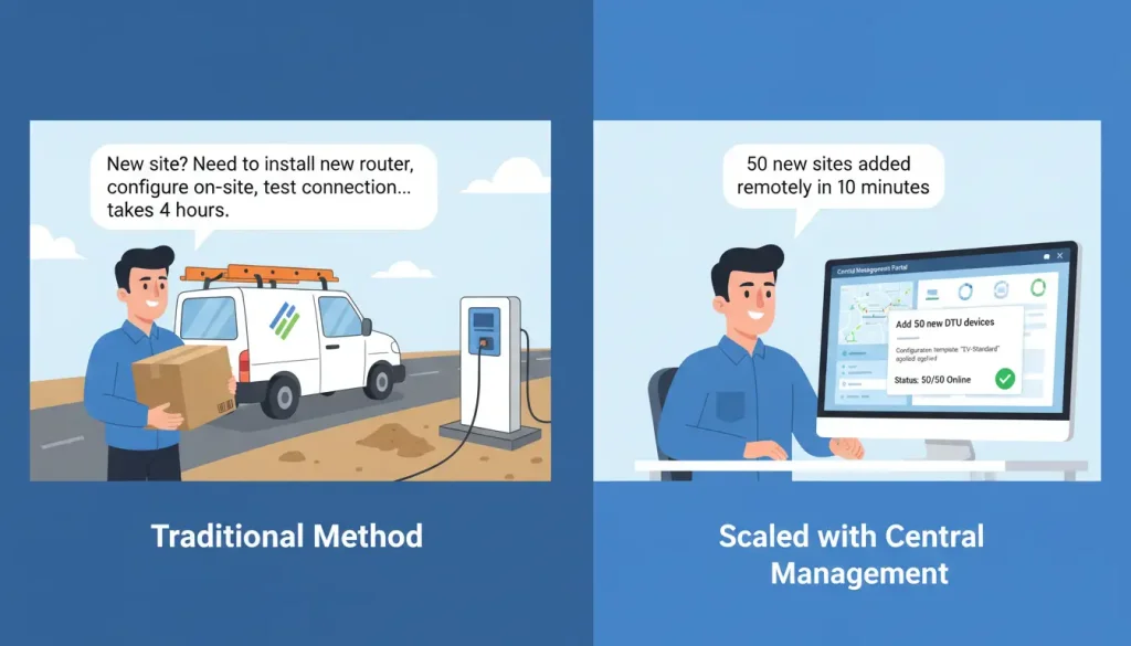 A scalability comparison graphic Left Side A technician in a van driving to a new charging site c