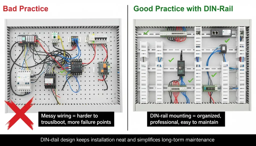 A side by side comparison of cabinet wiring Left Side Bad Practice A messy electrical cabinet wi
