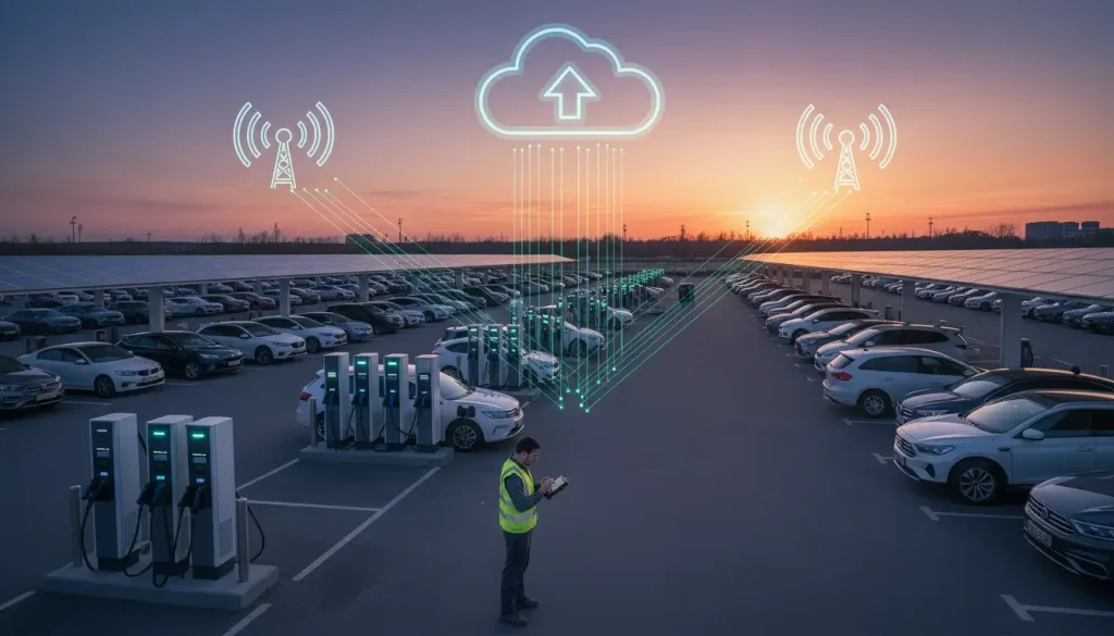a busy electric vehicle charging station Multiple cars are plugged into