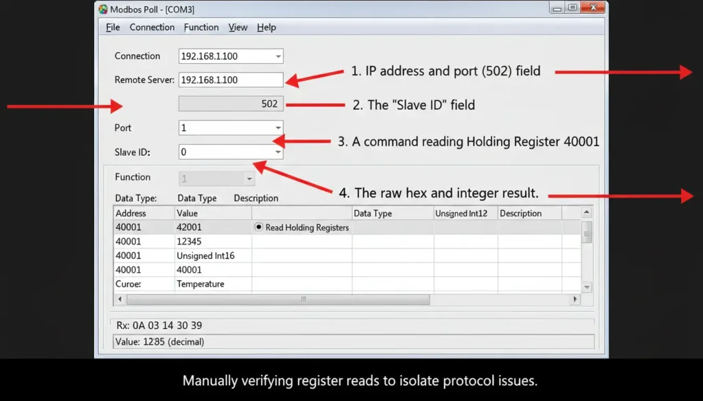 A screenshot of a software like Modbus Poll with annotations pointing to