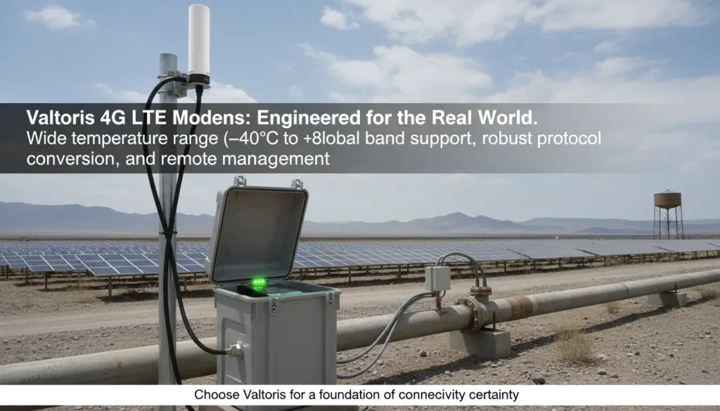 A Valtoris modem is shown mounted on a DIN rail inside a rugged outdoor enclosure in the foreground