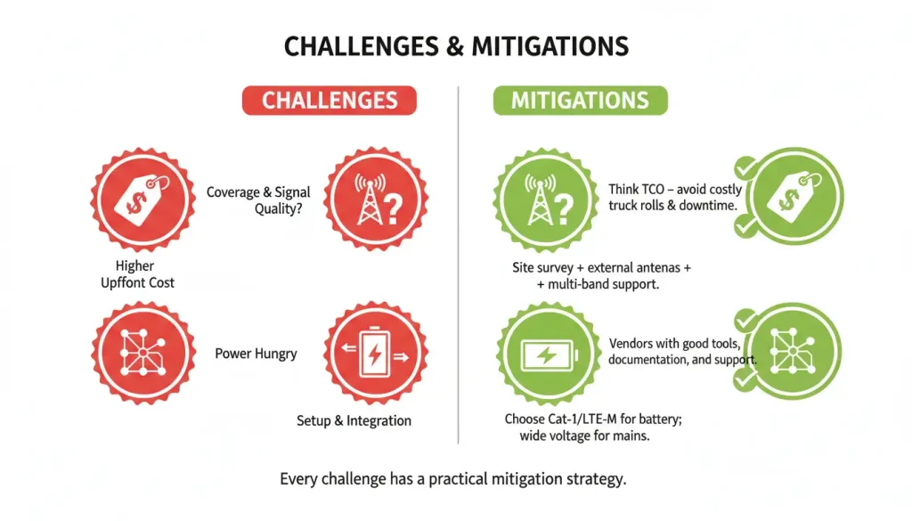 A balanced Challenges Mitigations graphic Left Side Challenges Four icons with red warning b