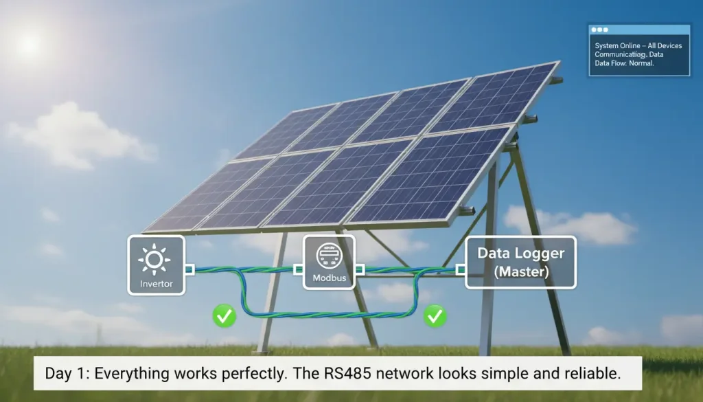 A clean simple solar monitoring setup during commissioning Foreground A single solar inverter ico