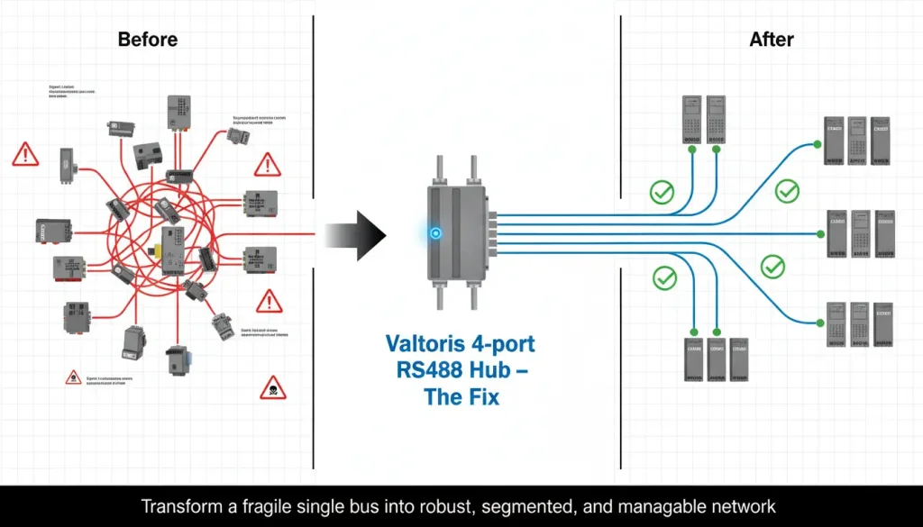 A conceptual transformation diagram Left Before A single tangled overloaded RS485 line with ma