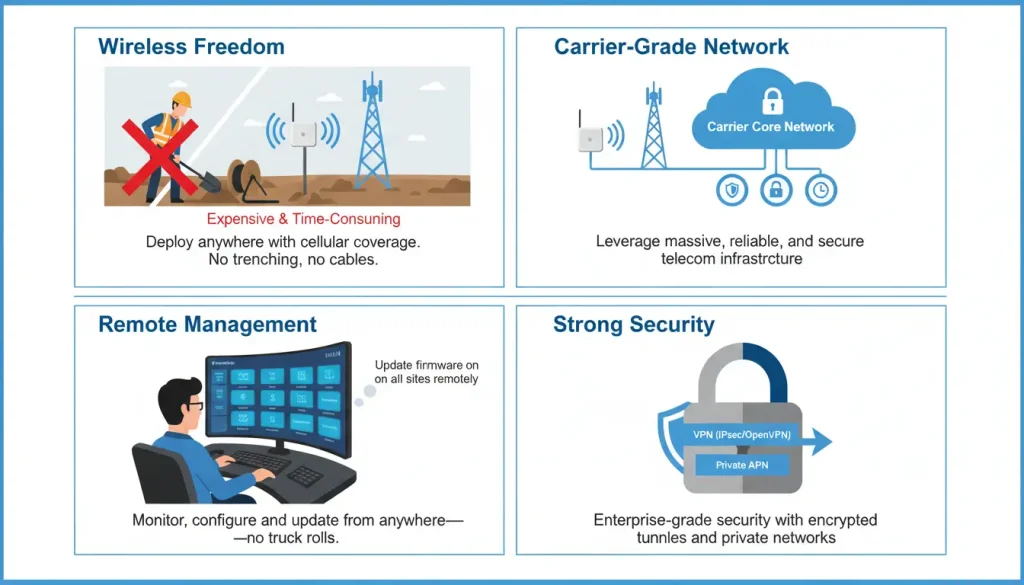 A four panel infographic Panel 1 Wireless Freedom A split scene Left A technician digging a tr