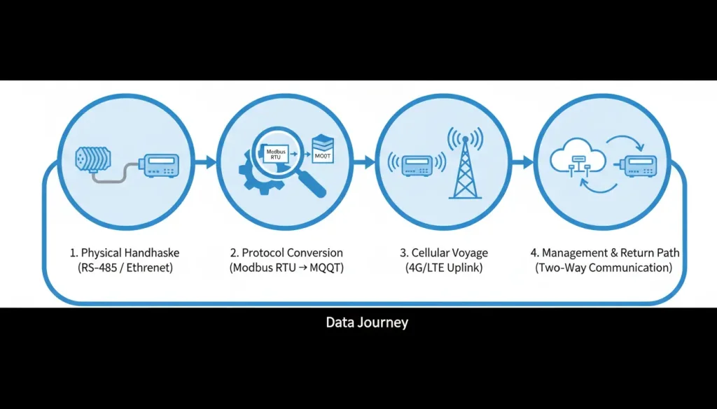 A four stage flow diagram illustrating the data journey through a cellular modem Stage 1 Left Ph