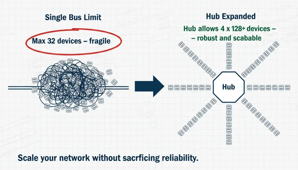 A scalability diagram Left Single Bus Limit One bus with 32 devices looking crowded and labeled