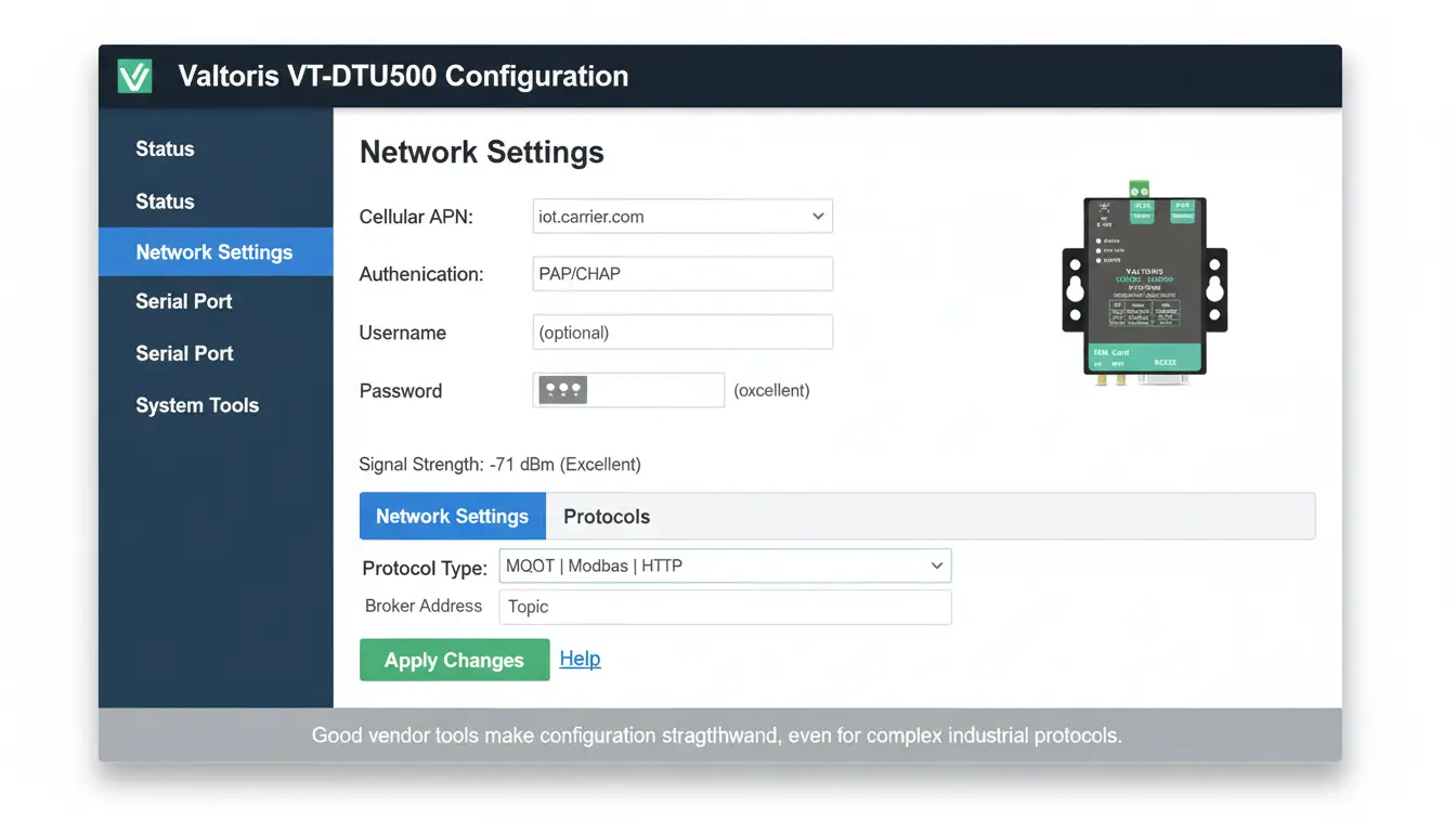 A screenshot mockup of a clean professional web interface titled Valtoris VT DTU500 Configuration