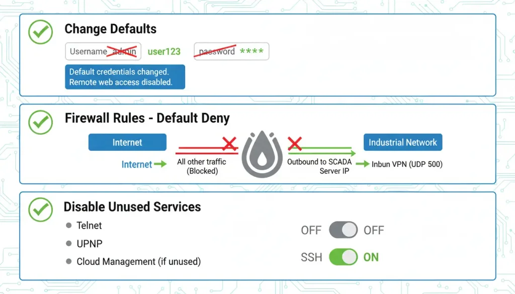 A security checklist graphic with three sections each with a green checkmark Change Defa