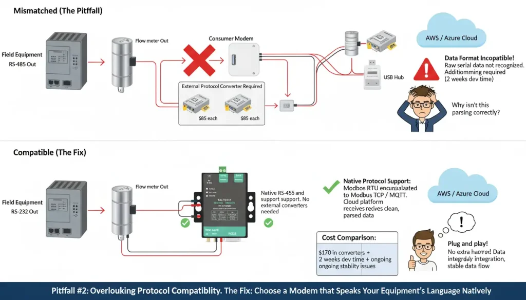 A technical flow diagram illustrating the difference between a mismatched and a compatible modem set