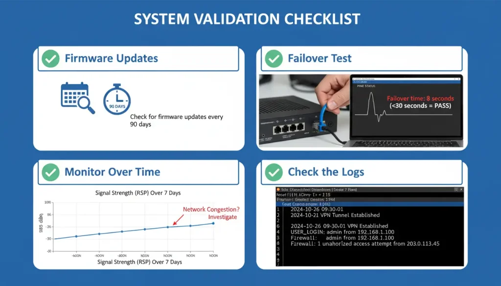 A validation checklist graphic Item 1 Firmware Updates with a calendar and quarterly reminder ico