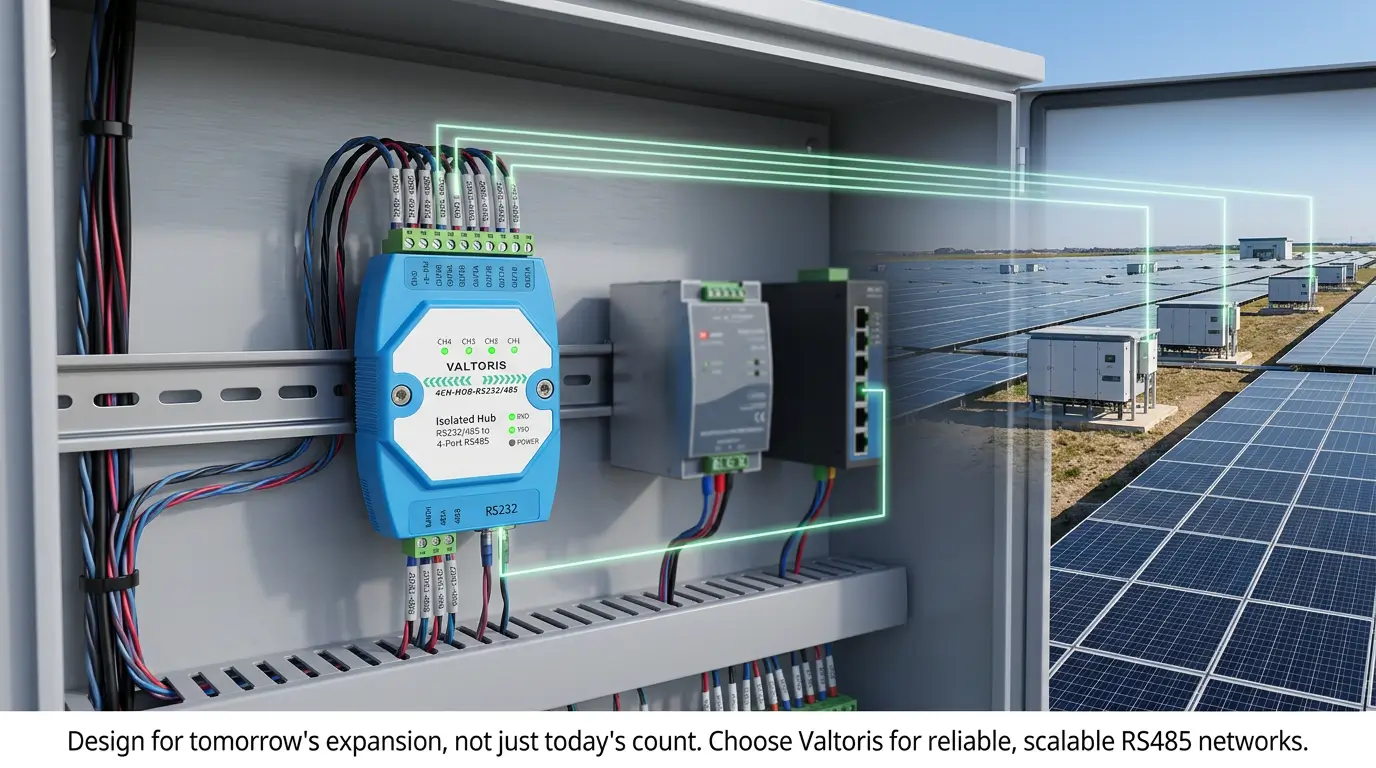 Foreground A Valtoris RS485 multiport hub is sho