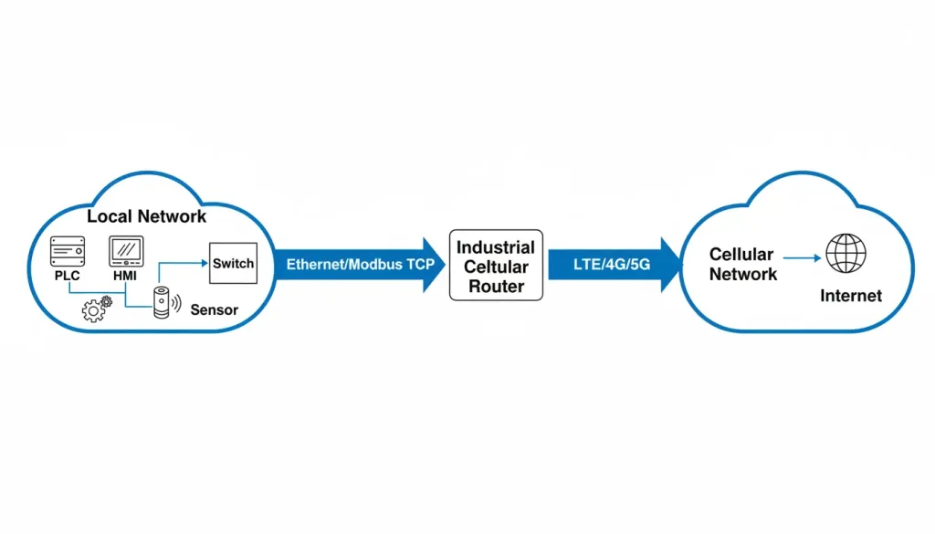 a Local Network cloud containing icons for a PLC an HMI