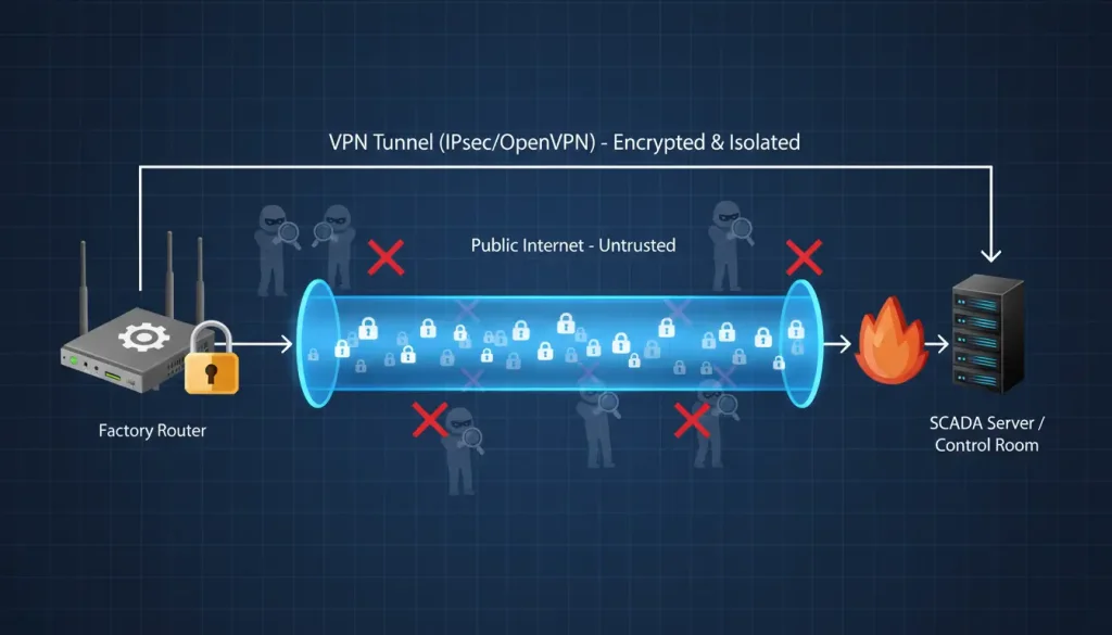 a secure VPN tunnel On the left an industrial router with a fac