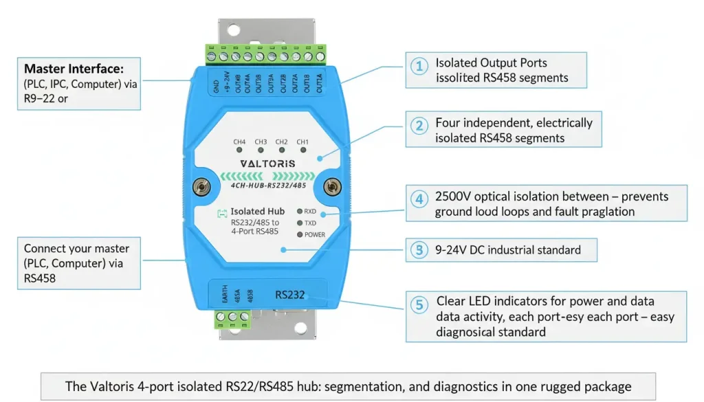 the Valtoris 4 port isolated RS232 RS485 hub Overall