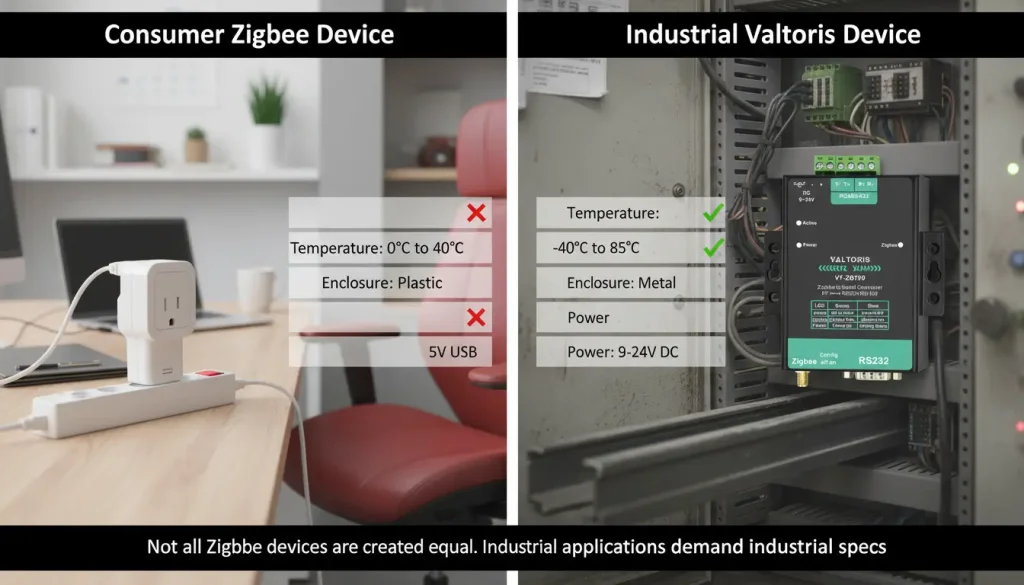 A comparison graphic Left Side Consumer Zigbee Device A plastic Zigbee smart plug shown in a co 1