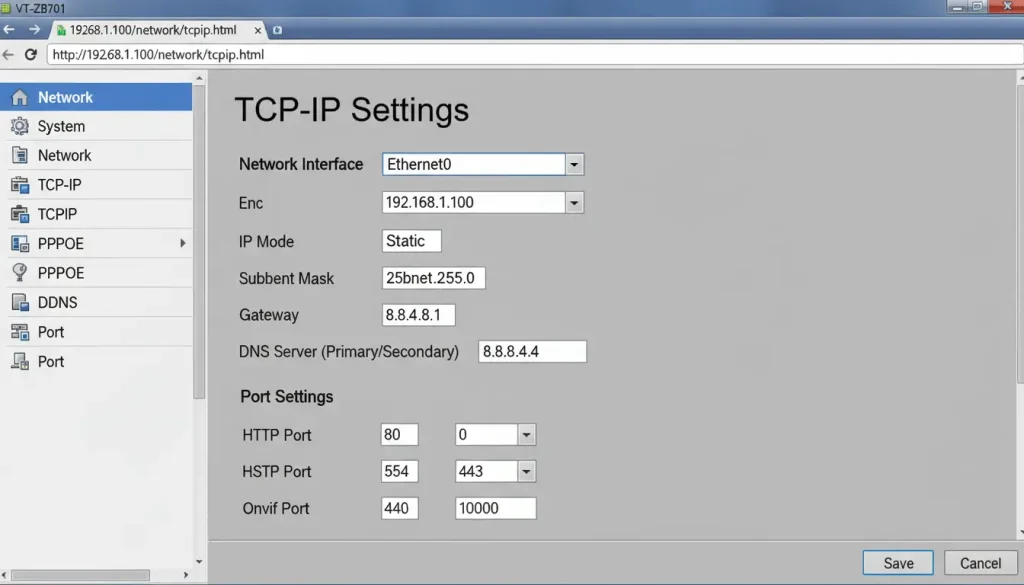 A screenshot of a VT ZB701 configuration page showing TCP settings