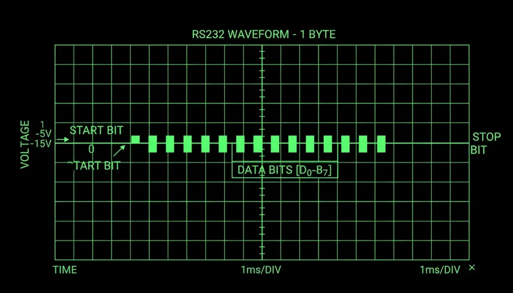 Oscilloscope trace showing RS232 waveform for one byte Label the start bit data bits and stop bit
