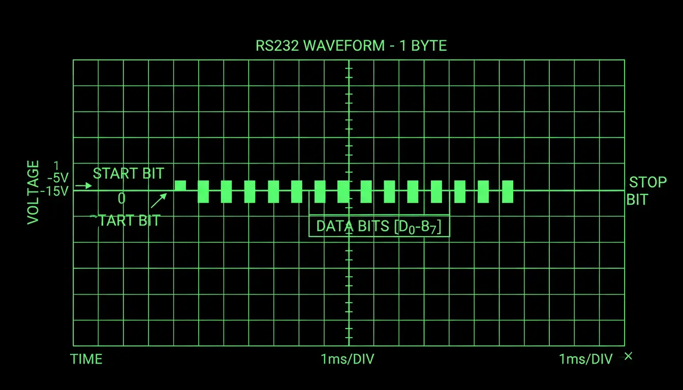 Oscilloscope trace showing RS232 waveform for one byte Label the start bit data bits and stop bit