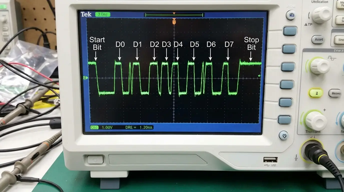 Oscilloscope trace showing RS485 differential signal for one byte