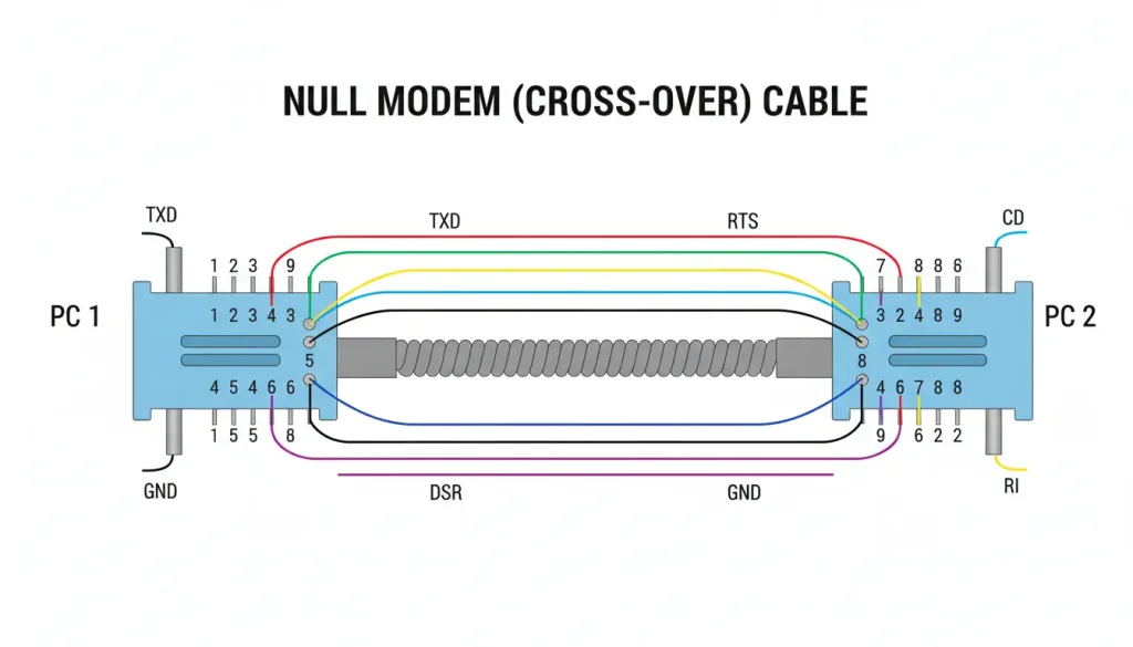 RS232 wiring diagram showing the cross over connection