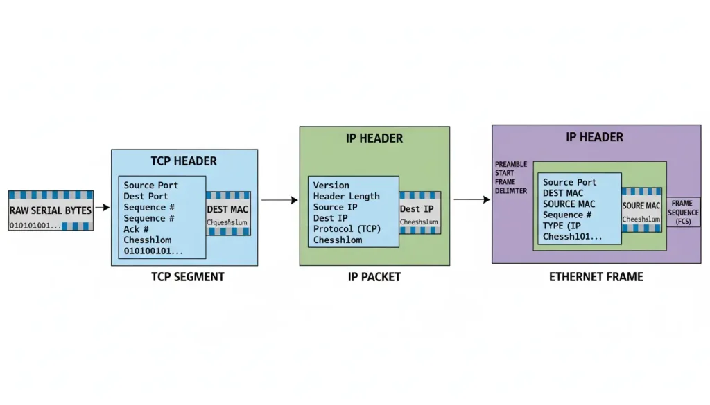 serial bytes being wrapped in TCP header then IP header then Ethernet frame
