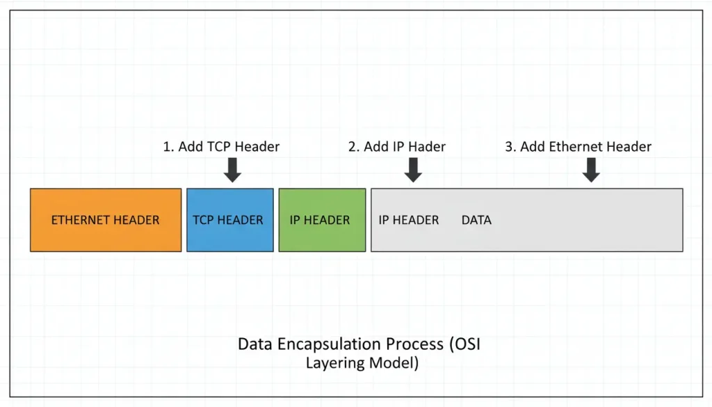the encapsulation process where data is successively wrapped in a T