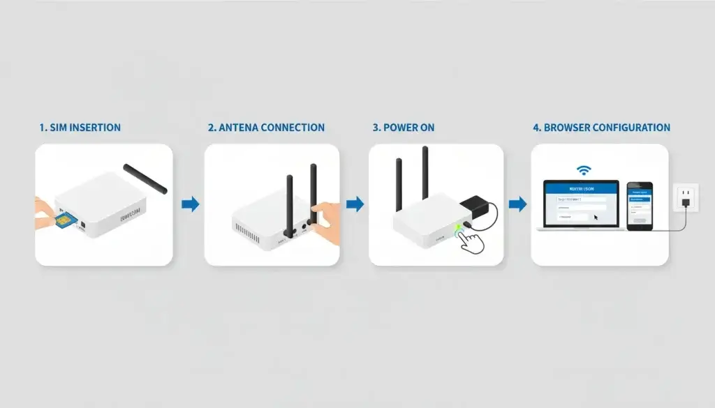 4 step diagram showing SIM insertion antenna connection power and browser config