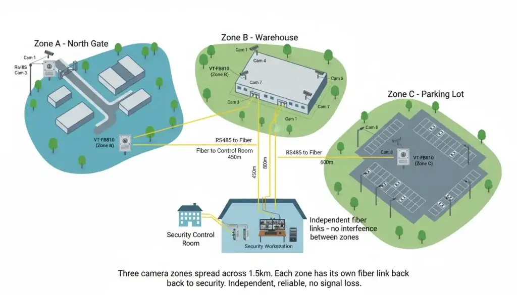 A clean map illustration presented as a top down aerial view of a campus or industrial park divide
