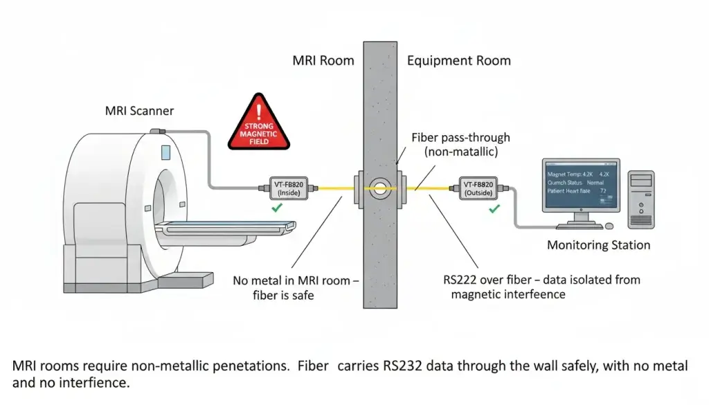 A clean technical cross section illustration of an MRI room wall showing both the inside and outsid