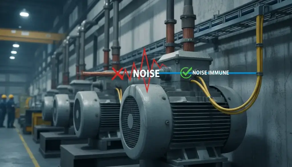 A factory floor scene featuring large industrial motors