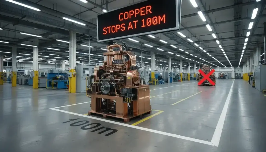 A long factory floor with a 100m marker