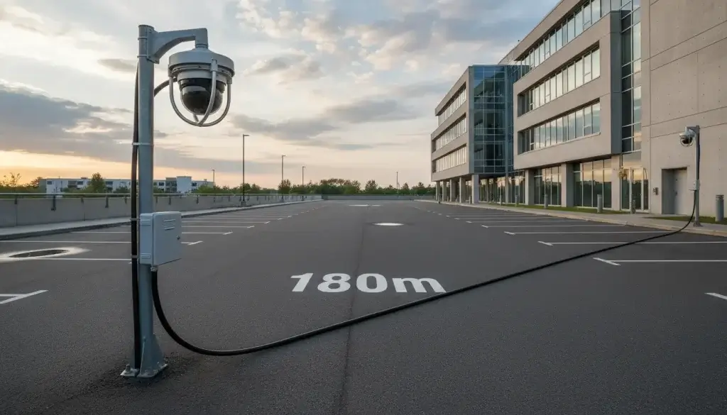 A parking lot scene with a security camera