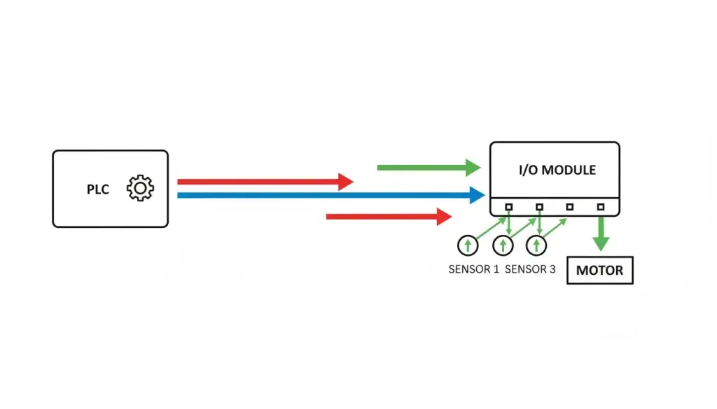 A simple diagram showing a PLC icon on the left representing a Programmable Logic Controller A net