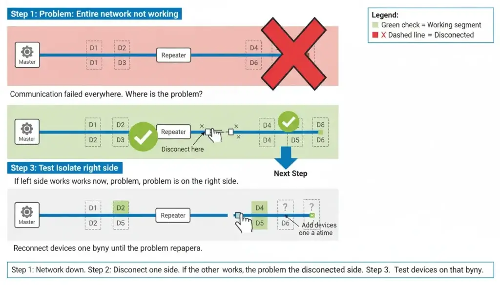 A three step troubleshooting diagram showing how to isolate RS485 network segments