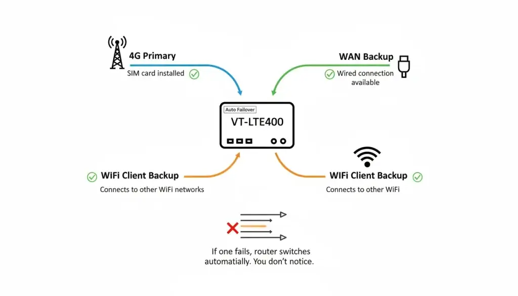 Clean technical diagram with a central VT LTE400 router icon Three converging connection paths top