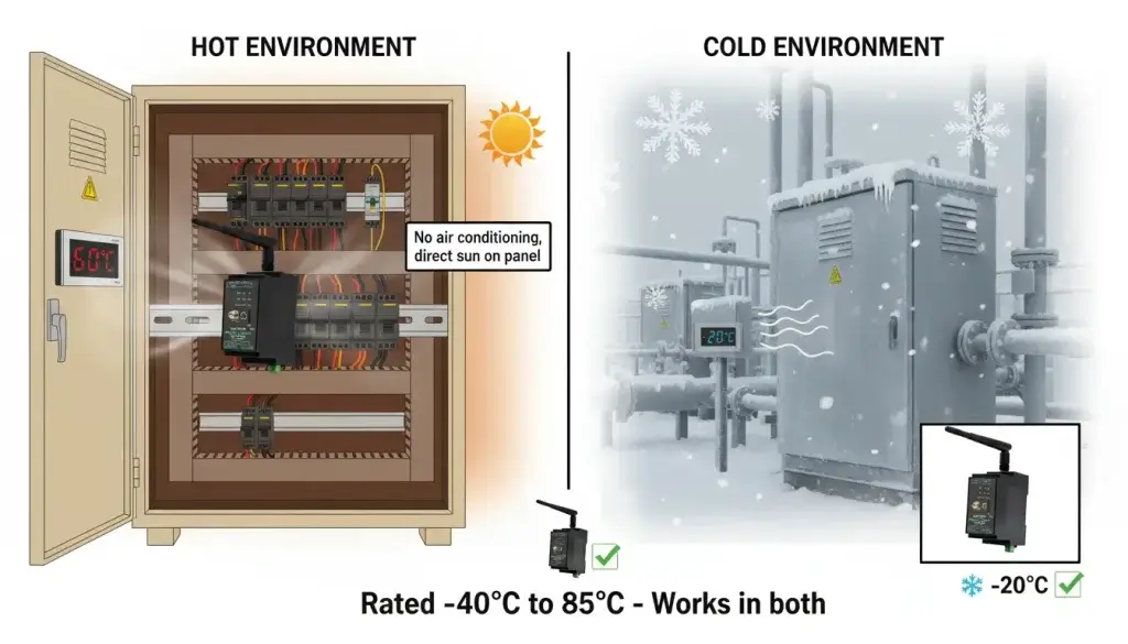 Split image showing two contrasting environmental conditions where an industrial router must operate