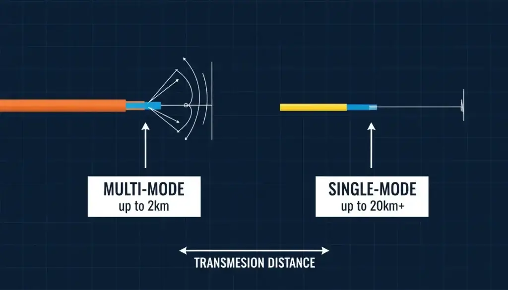 Two fiber optic cables are shown side by side One is clearly labeled Multi mode with a distance i