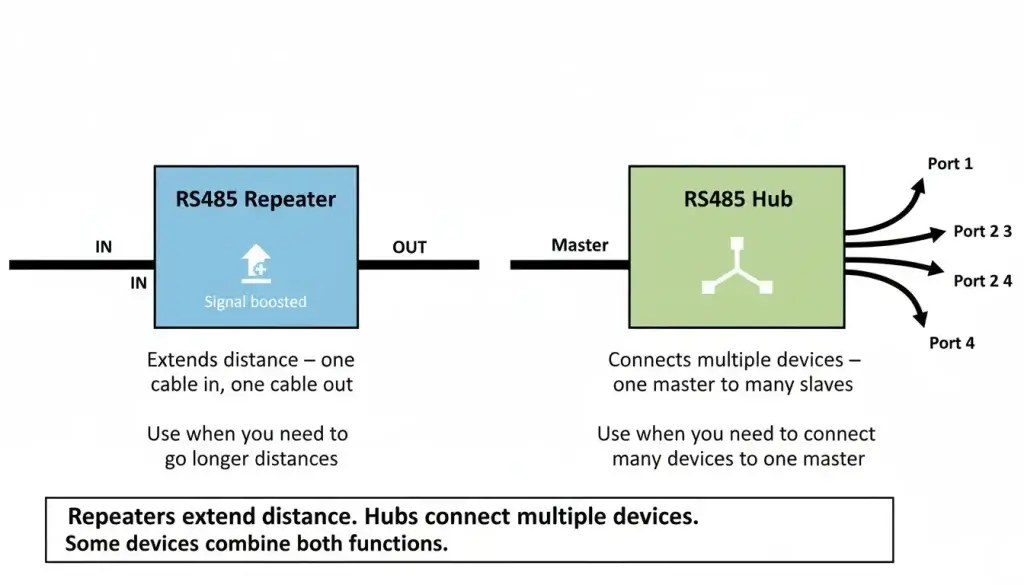 a repeater and a hub showing their different functions