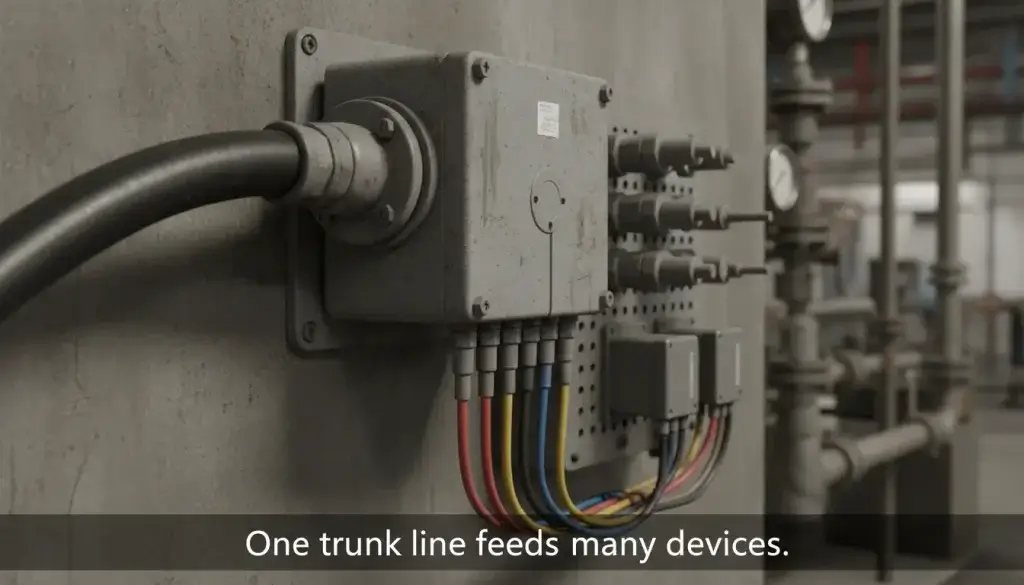 a robust industrial junction box A single thick cable representing a trunk lin